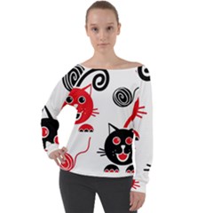 Cat Little Ball Animal Off Shoulder Long Sleeve Velour Top