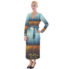 Wildflowers Field Outdoors Clouds Trees Cover Art Storm Mysterious Dream Landscape Velvet Maxi Wrap Dress by Posterlux