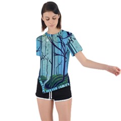 Nature Outdoors Night Trees Scene Forest Woods Light Moonlight Wilderness Stars Asymmetrical Short Sleeve Sports T-shirt by Posterlux