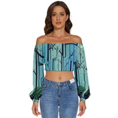 Nature Outdoors Night Trees Scene Forest Woods Light Moonlight Wilderness Stars Long Sleeve Crinkled Weave Crop Top by Posterlux