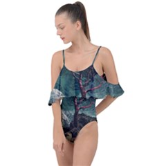 Night Sky Nature Tree Night Landscape Forest Galaxy Fantasy Dark Sky Planet Drape Piece Swimsuit by Posterlux