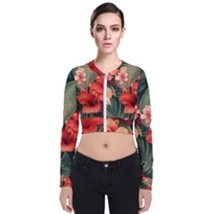 Tropical Flower Bloom Long Sleeve Zip Up Bomber Jacket