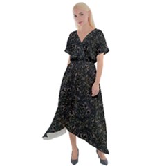 Midnight Blossom Elegance Black Backgrond Cross Front Sharkbite Hem Maxi Dress by dflcprintsclothing