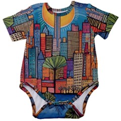 City New York Nyc Skyscraper Skyline Downtown Night Business Urban Travel Landmark Building Architec Baby Short Sleeve Bodysuit by Posterlux