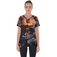 White Flower Cut Out Side Drop T-shirt