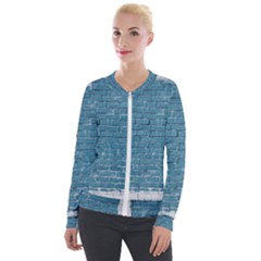 White And Blue Brick Wall Velvet Zip Up Jacket by Azkajaya