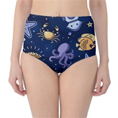 Marine Seamless Pattern Thin Line Memphis Style Classic High-waist Bikini Bottoms by Ket1n9