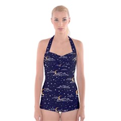 Hand Drawn Scratch Style Night-sky-with-moon-cloud Space Among-stars-seamless Pattern Vector Design Boyleg Halter Swimsuit 