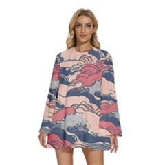Waves Ocean Sea Water Pattern Rough Seas Digital Art Nature Nautical Round Neck Long Sleeve Bohemian Style Chiffon Mini Dress by Bedest