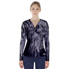 Angry Male Lion Wild Animal V-neck Long Sleeve Top