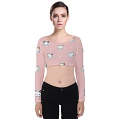 Cute Cat Cartoon Doodle Seamless Pink Pattern Velvet Long Sleeve Crop Top by Grandong