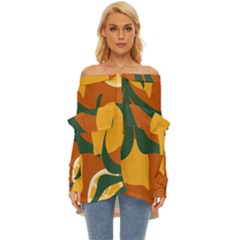 Lemon Citrus Fruit Summer Painting Drawing Off Shoulder Chiffon Pocket Shirt