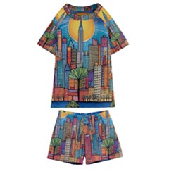 City New York Nyc Skyscraper Skyline Downtown Night Business Urban Travel Landmark Building Architec Kids  Swim T-shirt And Shorts Set by Posterlux