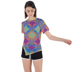 Colorful Flora Flora Kazakh Pattern Asymmetrical Short Sleeve Sports T-shirt by Cemarart