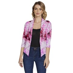 Pink Abstract Lineart Women s Draped Front 3/4 Sleeve Shawl Collar Jacket by Maspions