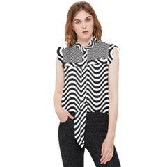 Black White Wave Pattern Wavy Water Seamless Frill Detail Shirt by Posterlux