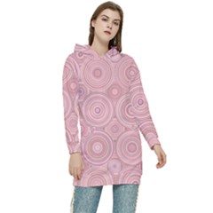 Pink Retro Texture With Circles, Retro Circles Background, Women s Long Oversized Pullover Hoodie by kyorashop23