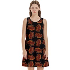 Fantasy Skeleton Dragon Hand Drawn Motif Pattern Round Neck Sleeve Casual Dress With Pockets