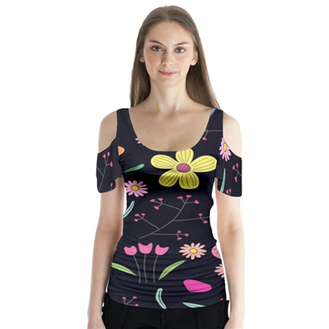 Foliage Pattern, Adorable Beautiful Butterfly Sleeve Cutout T-shirt  by kyorashop23
