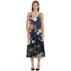 Japanese Wave Koi Illustration Pattern Casual Spaghetti Strap Midi Dress