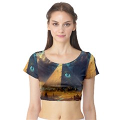 Mystic Blue Pyramid Art Short Sleeve Crop Top by ExtraAwesomeSauce