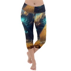 Mystic Blue Pyramid Art Lightweight Velour Capri Yoga Leggings by ExtraAwesomeSauce