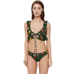 Texture, Pattern, Red, Craciun, Christmas, Hat, Santa, Green Low Cut Ruffle Edge Bikini Set by kyorashop23