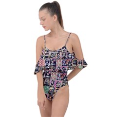 Spanish Gothic Girls Pattern Drape Piece Swimsuit