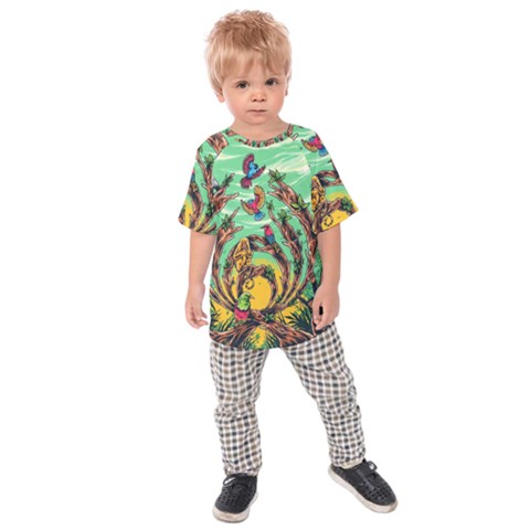 Monkey Tiger Bird Parrot Forest Jungle Style Kids  Raglan T-shirt by Grandong