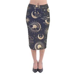 Asian Seamless Pattern With Clouds Moon Sun Stars Vector Collection Oriental Chinese Japanese Korean Velvet Midi Pencil Skirt by Grandong
