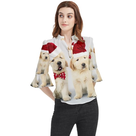 Christmas Puppies, Santa, Craciun, Christmas, Funny, Hat, Puppy, Red Loose Horn Sleeve Chiffon Blouse by kyorashop23