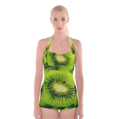 Kiwi Fruits, Close-up, Exotic Fruit Boyleg Halter Swimsuit 