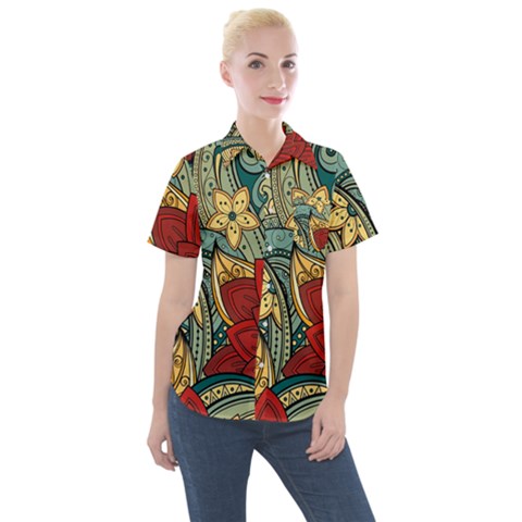 Pattern Shape Colorful Flower Leaves Women s Short Sleeve Pocket Shirt by Posterlux
