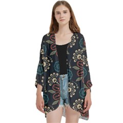 Retro Texture With Orange Flowers Floral Open Front 3/4 Sleeve Batwing Chiffon Cardigan Kimono
