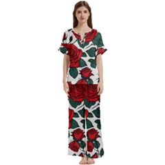 Roses Short Sleeve Long Pants Satin Pajamas Set