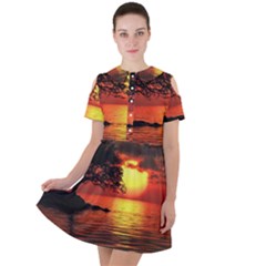 Sunset Nature Sea Dusk Landscape Short Sleeve Shoulder Cut Out Dress 