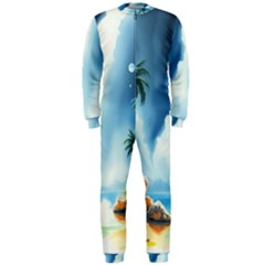 Delicate Watercolor Painting Surreal Oasis Scene With Intense Dramatic Lighting Onepiece Jumpsuit (men)