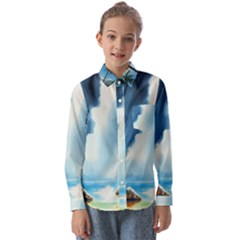 Delicate Watercolor Painting Surreal Oasis Scene With Intense Dramatic Lighting Kids  Long Sleeve Shirt by pollyparadiseartshop