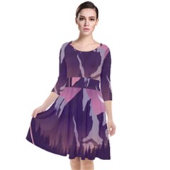 Mountain Night Crescent Moon Quarter Sleeve Waist Band Dress