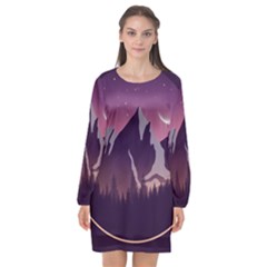Mountain Night Crescent Moon Long Sleeve Chiffon Shift Dress 