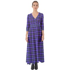 Blue Tartan Plaid 1 Button Up Boho Maxi Dress