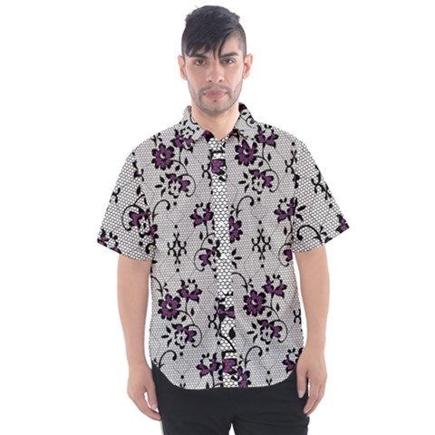 Elegant Purple Floral Jacquard Mesh Lace Fabric Men s Short Sleeve Shirt by ArtfulThreads