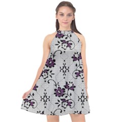 Elegant Purple Floral Jacquard Mesh Lace Fabric Halter Neckline Chiffon Dress 