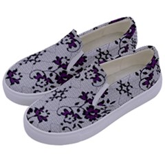 Elegant Purple Floral Jacquard Mesh Lace Fabric Kids  Canvas Slip Ons by ArtfulThreads