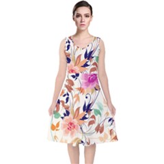 Abstract Floral Background V-neck Midi Sleeveless Dress 