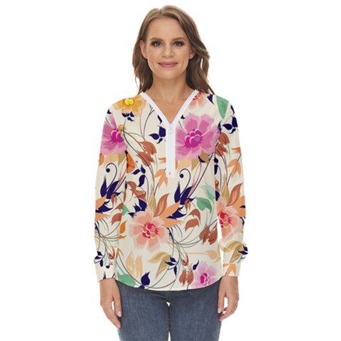 Abstract Floral Background Zip Up Long Sleeve Blouse by kyorashop23