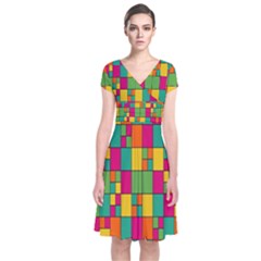 Abstract-background Short Sleeve Front Wrap Dress
