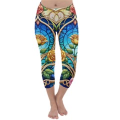 Roses Floral Stained Glass Vibrant Capri Winter Leggings 