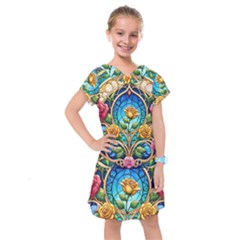 Roses Floral Stained Glass Vibrant Kids  Drop Waist Dress