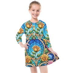 Roses Floral Stained Glass Vibrant Kids  Quarter Sleeve Shirt Dress